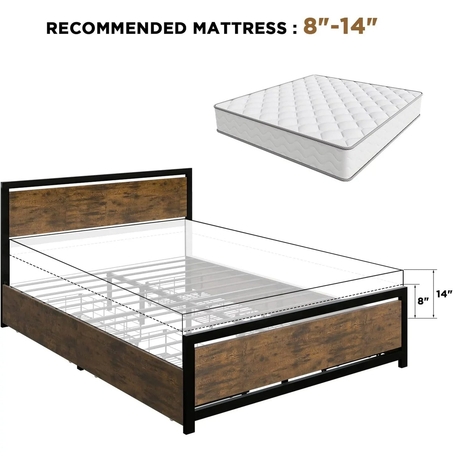 Queen Bed Frame with 4 XL Storage Drawers, Storage Platform Bed with Wooden Headboard & Footboard, No Box Spring Needed