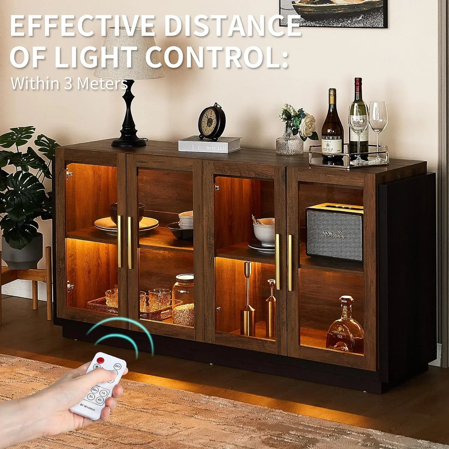 Sideboard Buffet Cabinet with Storage, Modern Wood Glass-Buffet Cabinet with LED Light Brown