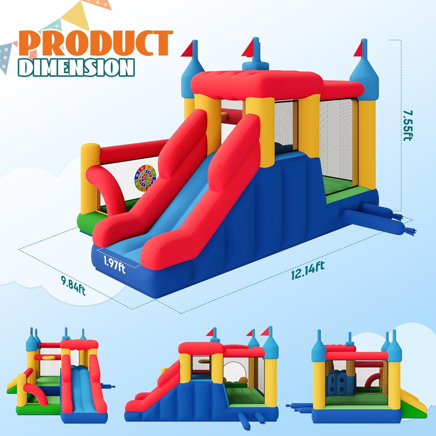 Jocisland Bounce House, Inflatable Bouncer with Air Blower, Jumping Castle with Slide, Outdoor Indoor Bouncy Castle with Oxford Fabric for Kids 3-12 (145.7×118.1×90.6IN)