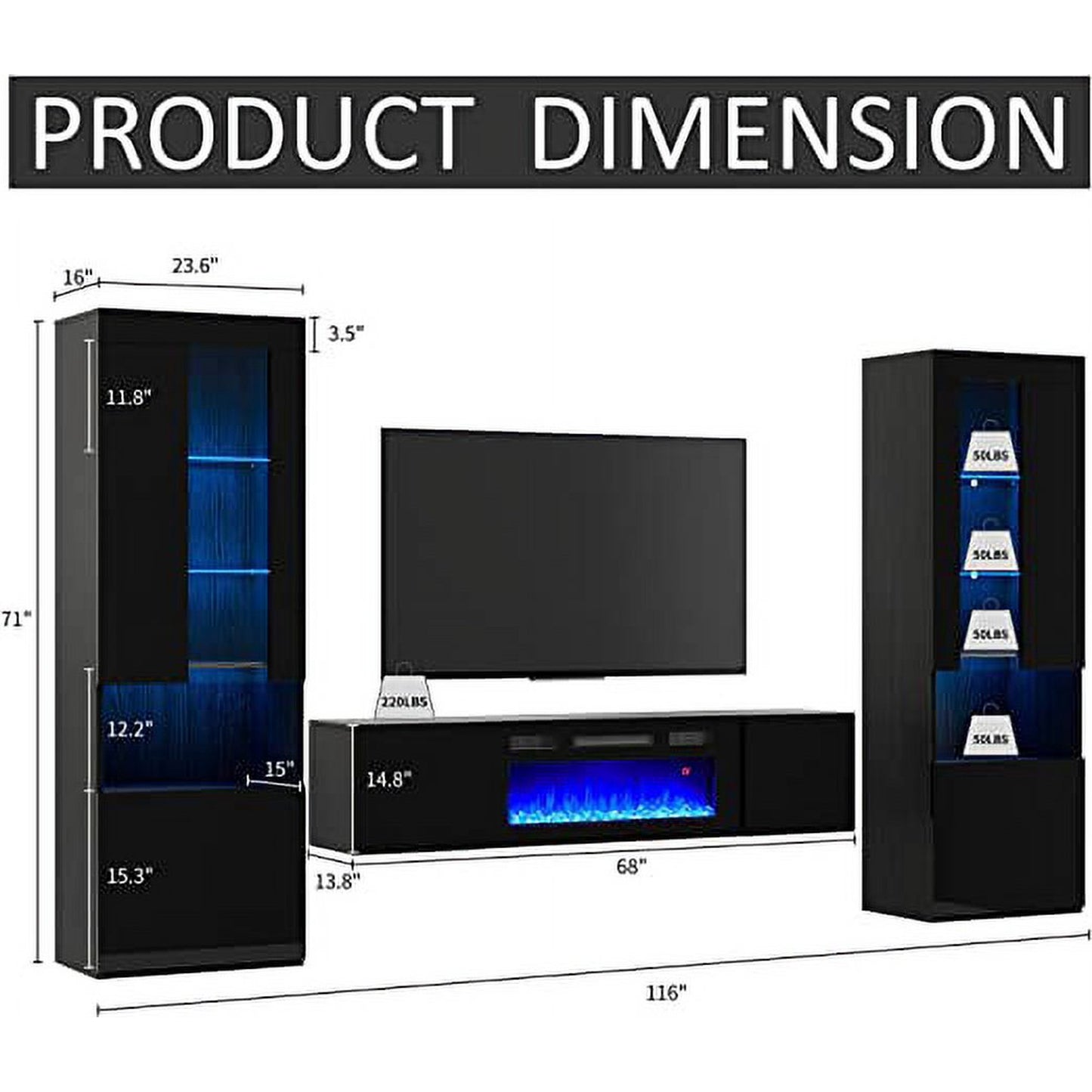 AMERLIFE 68" Floating TV Stand with 36" Electric Fireplace & 2 71" Height Bookcases with Glass Doors for TVs Up to 80", Black