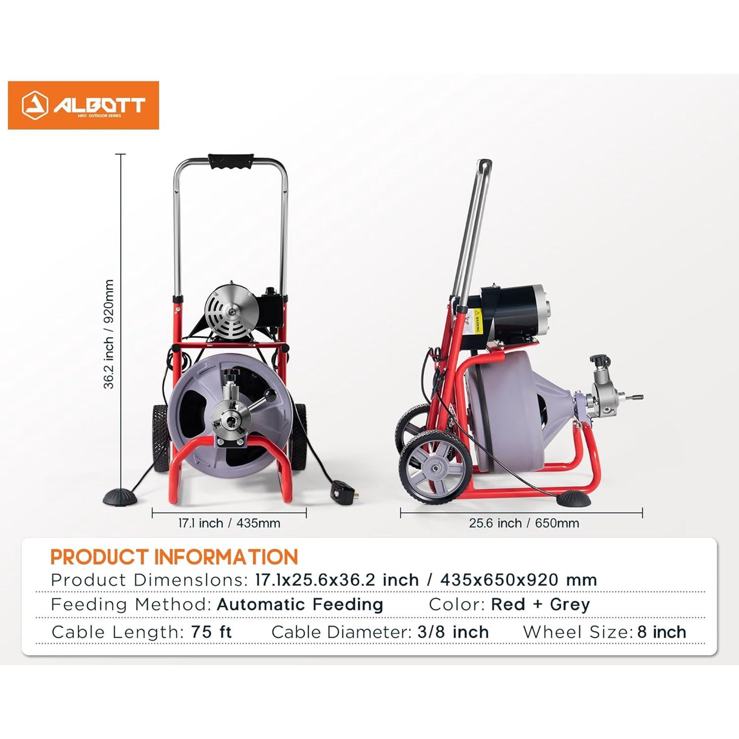 Jocisland Drain Cleaner Machine 75 FT x 3/8 inch, Auto Feed Electric Drain Snake with 9 Cutters & Air-activated Foot Switch for 1 to 4 Inch Pipes, Sewer Snake Auger, Grey/Red