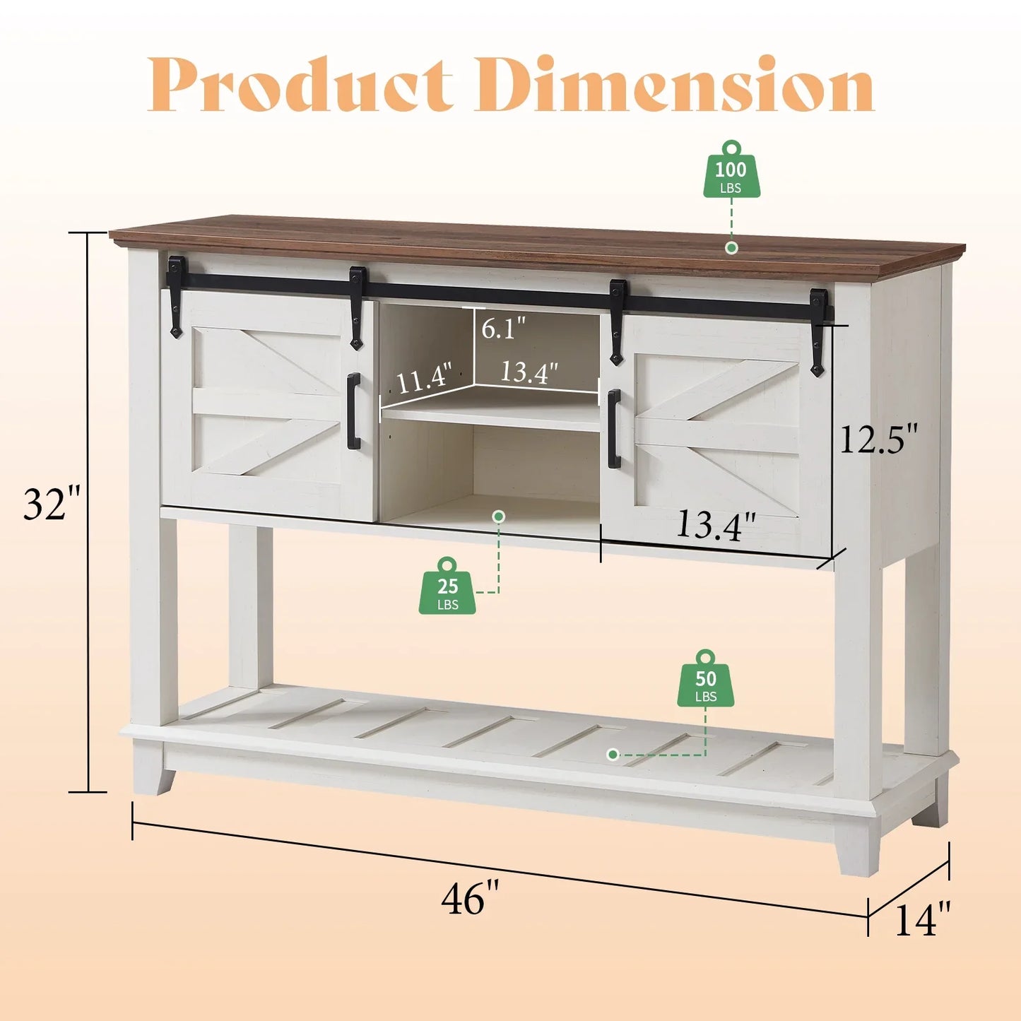 Sofa Table with Sliding Barn Doors, TV Console Table, 46" Farmhouse Rustic Storage Entryway Table, Adjustable Open Shelves, Hallway, Living Room, Bedroom, Antique White
