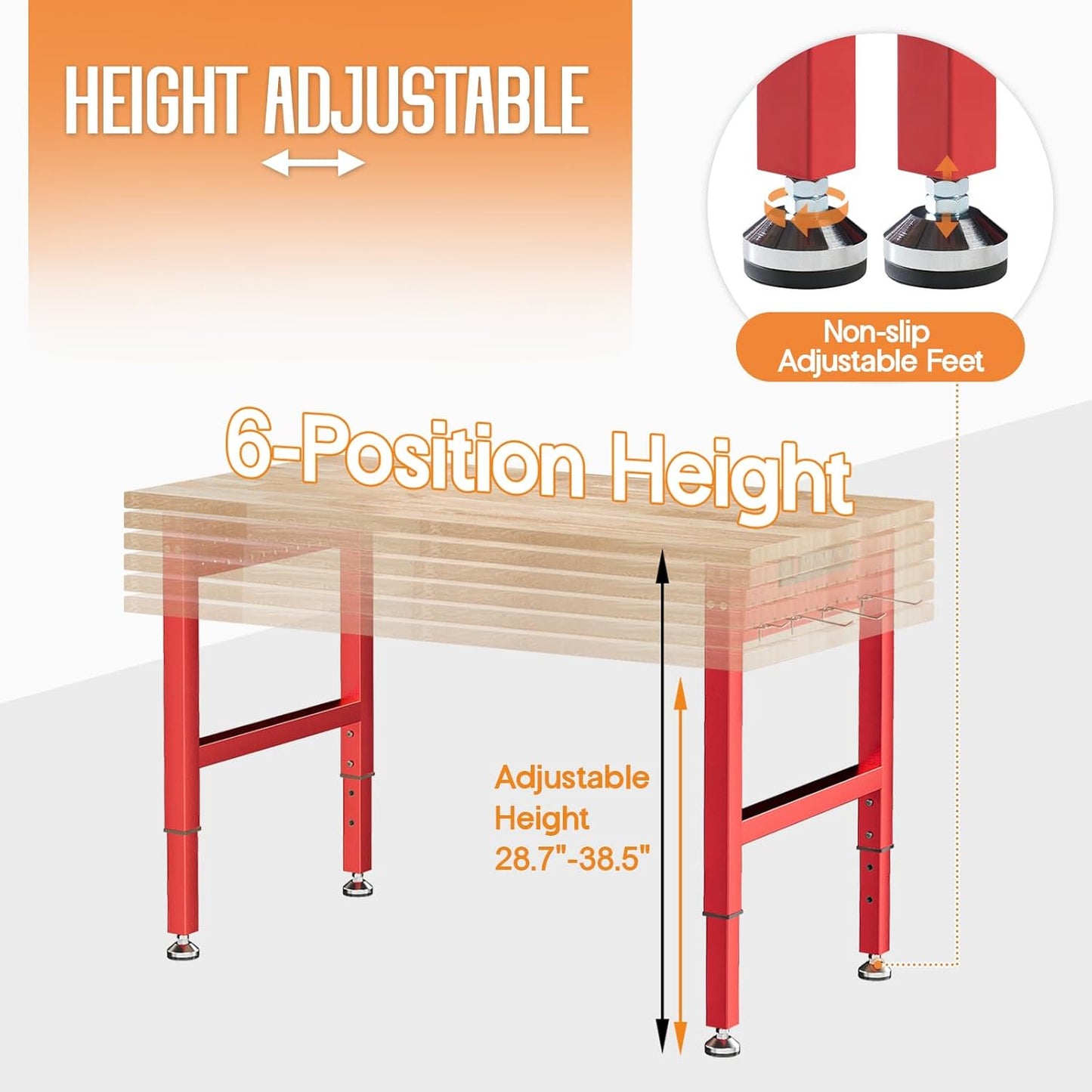 Jocisland 44" Red Adjustable Heavy Duty Workbench with 4 AC Outlet and 2 USB Ports Power Outlets, 2000 Lbs Capacity, Rubber Wood Top for Garage, Workshop, Office