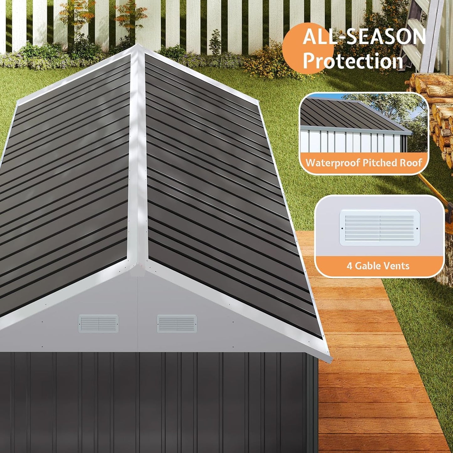 Jocisland 8.5x7.1x7.5 FT Galvanized Steel Outdoor Storage Shed, 4 Vents and Lockable Double Hinged Doors, Metal Shed for Backyard Storage, Dark Black/White