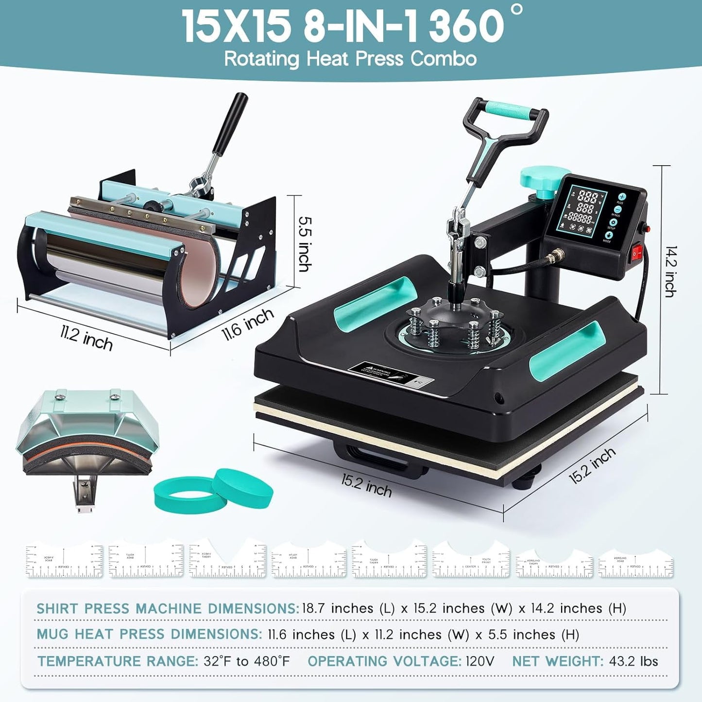 LUXOAK 5-in-1 Combo Heat Press, 15x15 360° Swing Away Heat Press Machine for T Shirts Mugs Hat Plate Cap, Digital Sublimation Device, Green Black