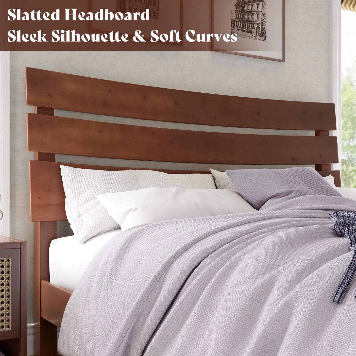 Queen Solid Wood Bed Frame with Slatted Headboard, Wood Slat Support, No Box Spring, Walnut