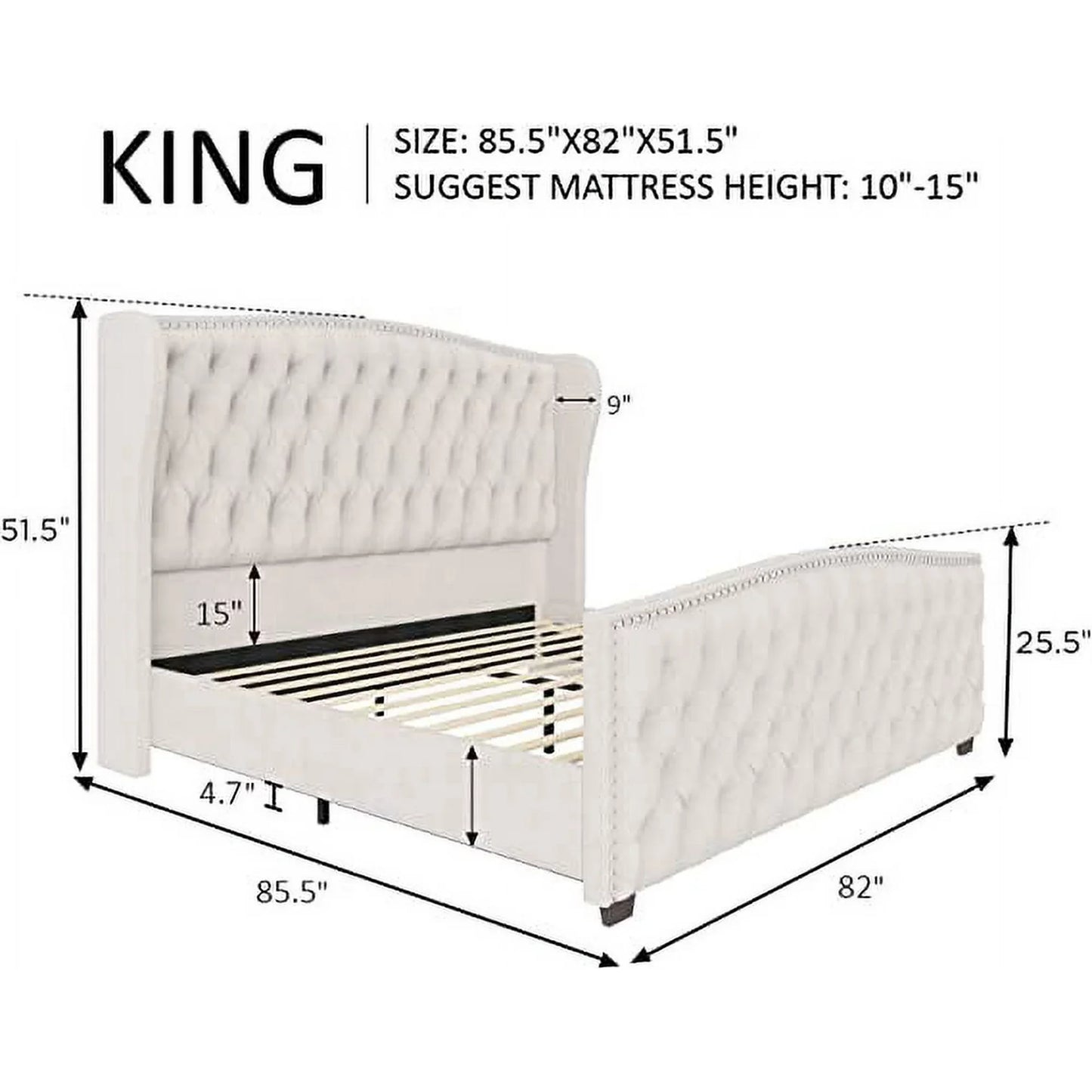 Queen Size Platform Bed Frame, Velvet Upholstered Bed with Deep Button Tufted & Nailhead Trim Wingback Headboard/No Box Spring Needed/Cream