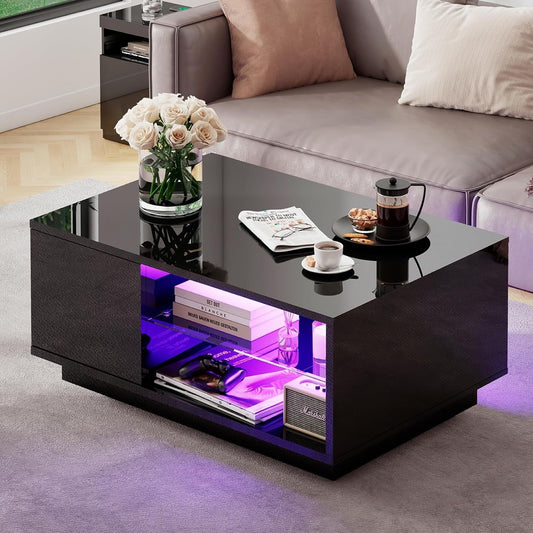 LED Coffee Table with 20-Color Light for Bedroom, Black