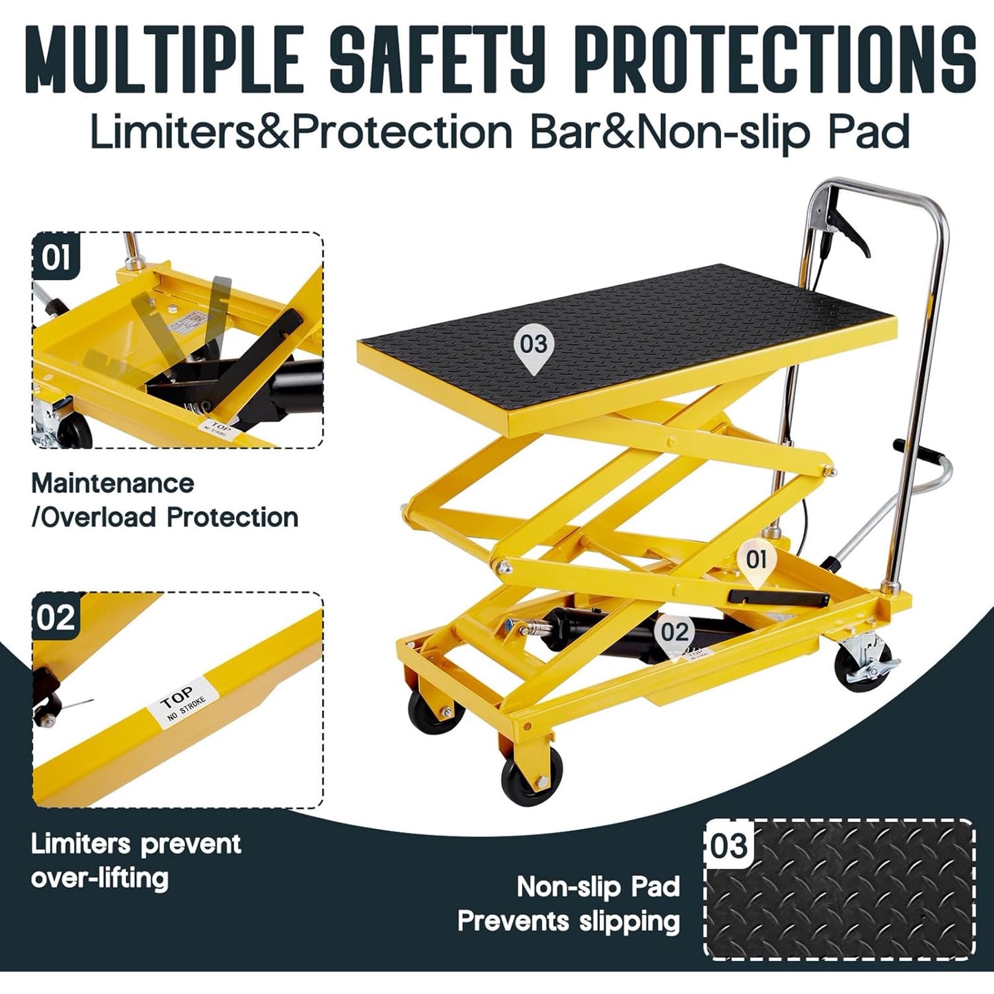 Jocisland Hydraulic Lift Table Cart, 330lbs Capacity 50" Lifting Height, Double Scissor Lift Table with 4 Wheels and Non-Slip Pad, hydraulic lift table for Material Handling, Yellow