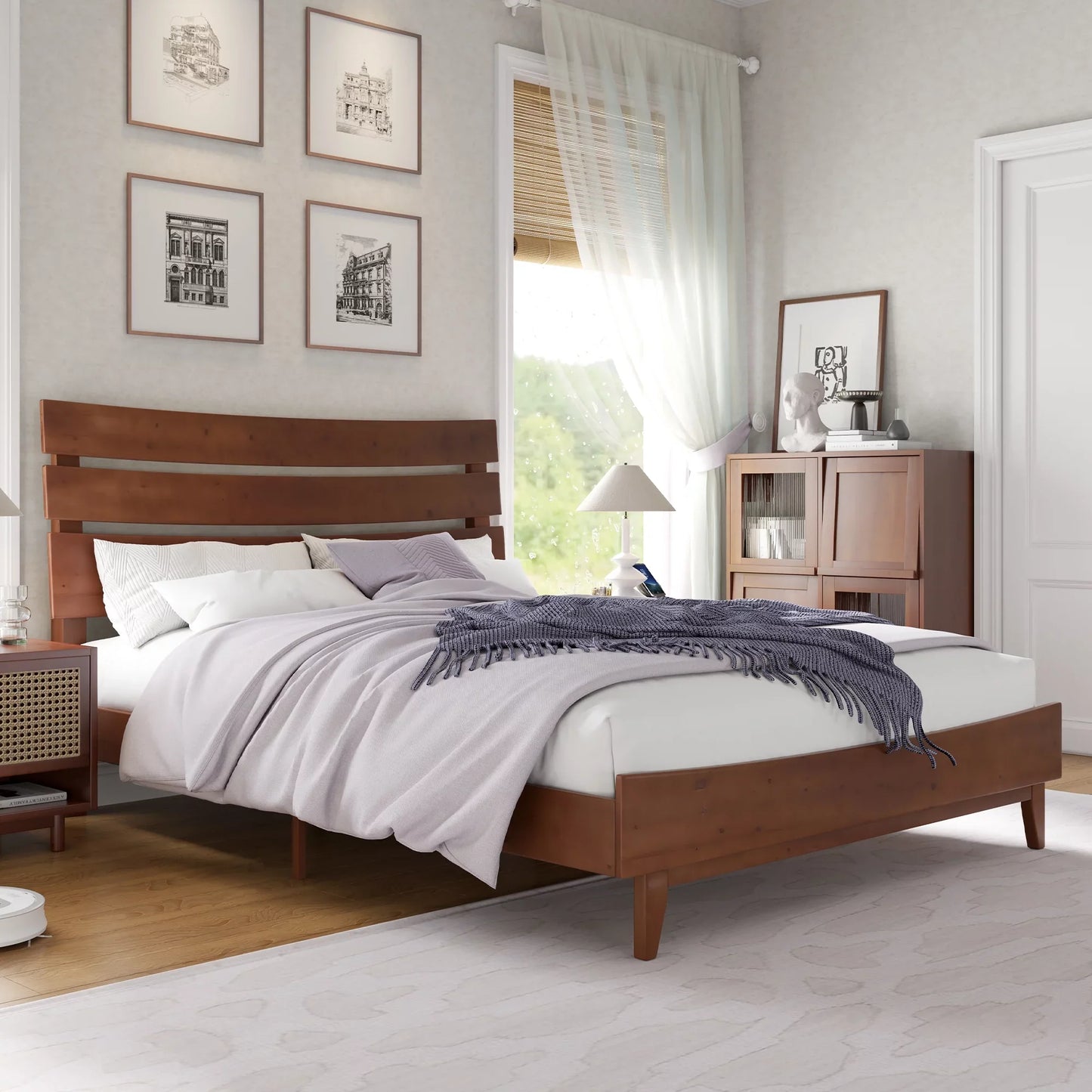 Queen Solid Wood Bed Frame with Slatted Headboard, Wood Slat Support, No Box Spring, Walnut