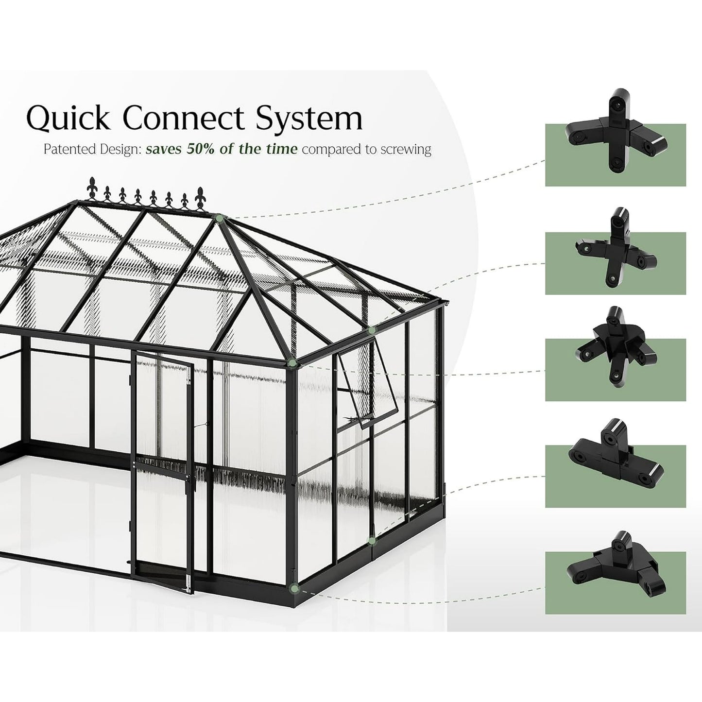 Jocisland 14x9.5x9 ft Polycarbonate Greenhouse Quick Connect Fittings, 6 FT Height Double Doors with Hook, Black