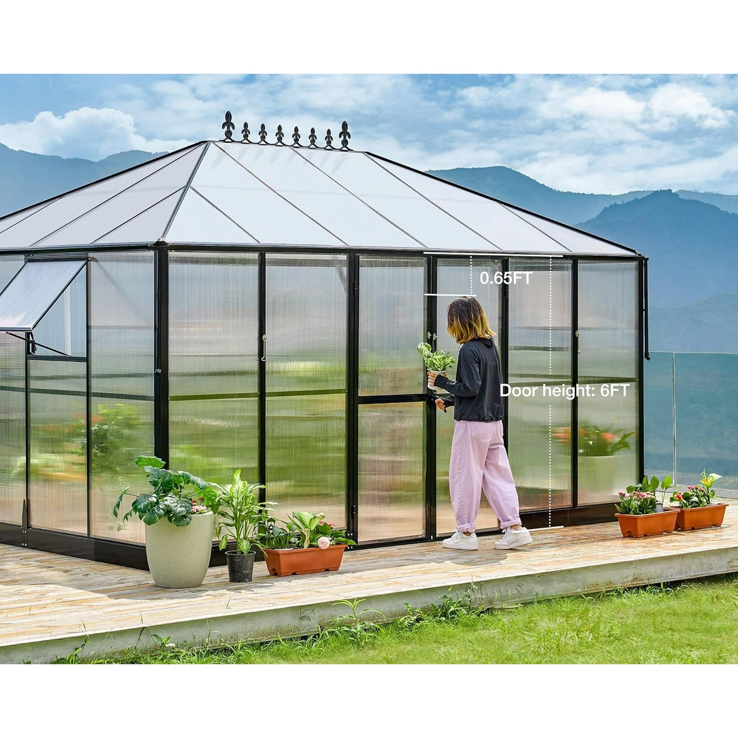 Jocisland 14x9.5x9 ft Polycarbonate Greenhouse Double Swing Doors 2 Vents 6FT Wall Height, Black