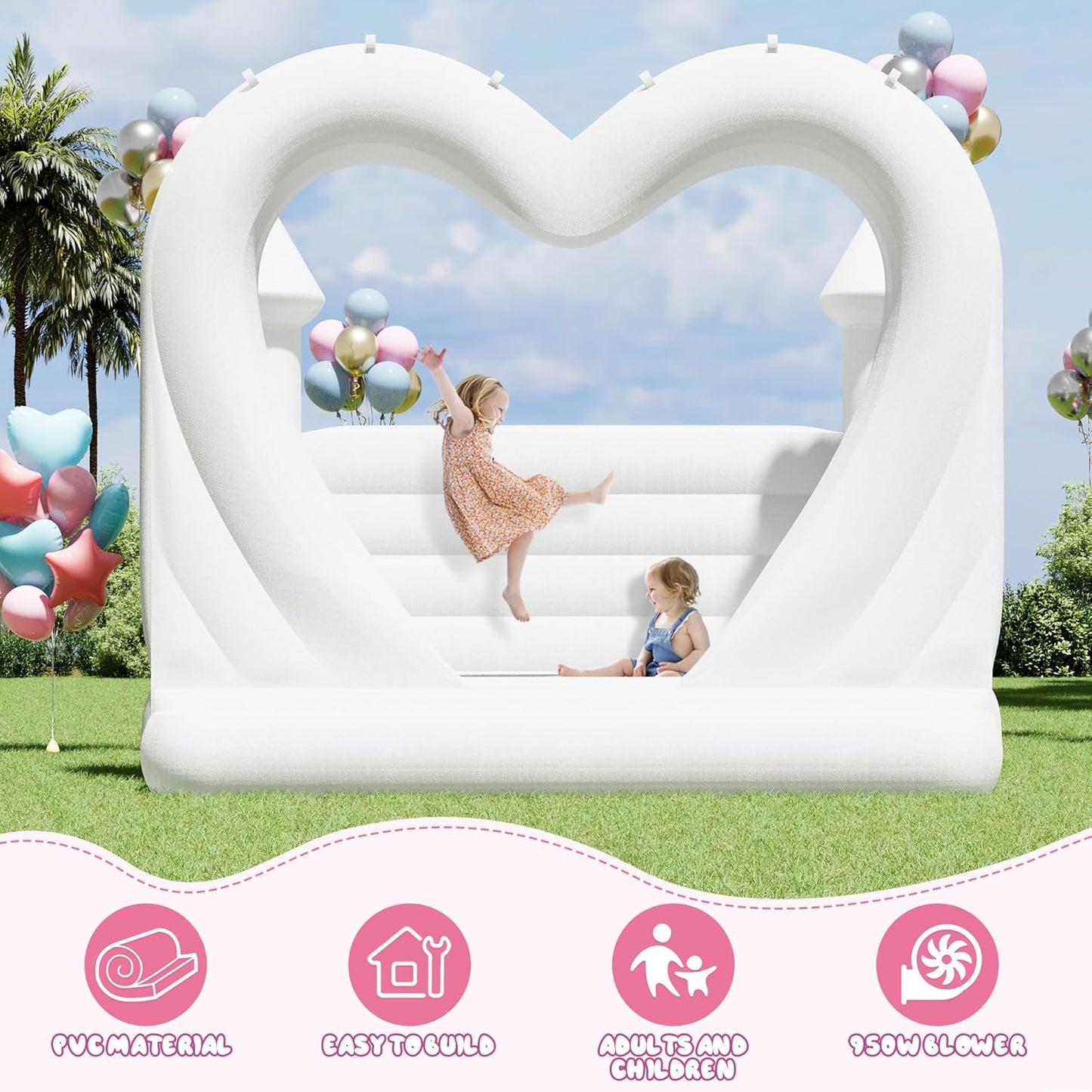 Jocisland Inflatable White Bounce House, 13.1×13.1×9.8FT PVC Inflatable White Castle with 950W Blower, for Wedding and Party Decorations
