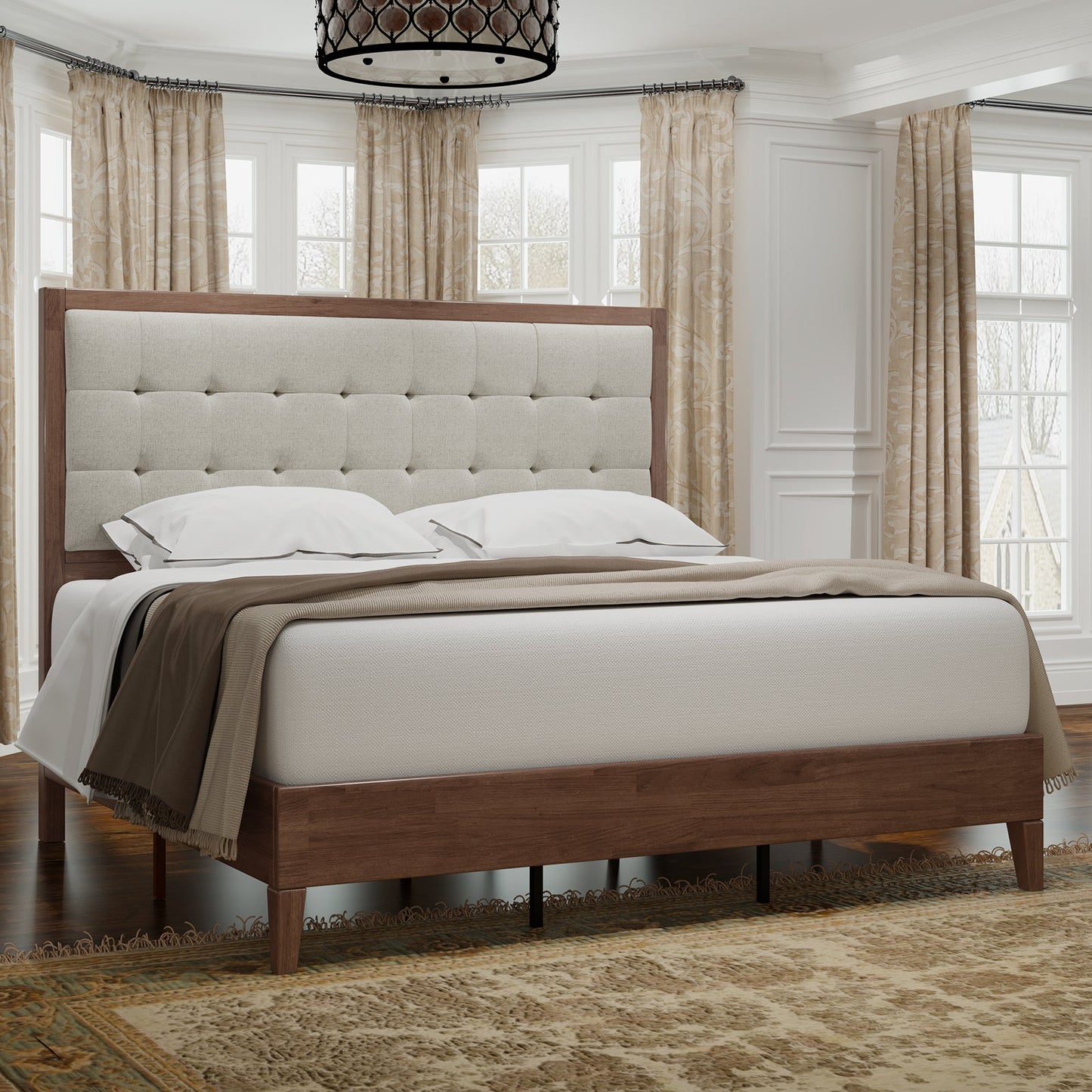 Solid Wood Upholstered Bed Frame with Linen Button Tufted Headboard