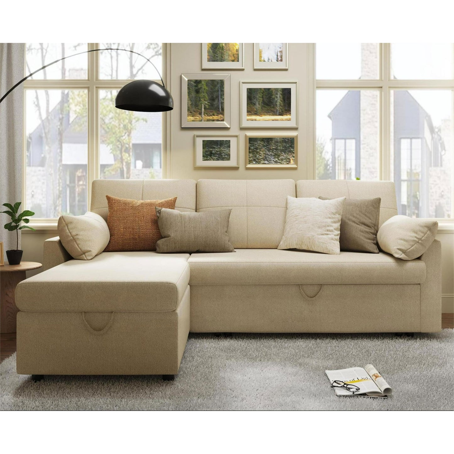 VANACC Sofa Bed, Sleeper Sofa with Storage Chaise, Pull Out Couch for Living Room, Beige Chenille
