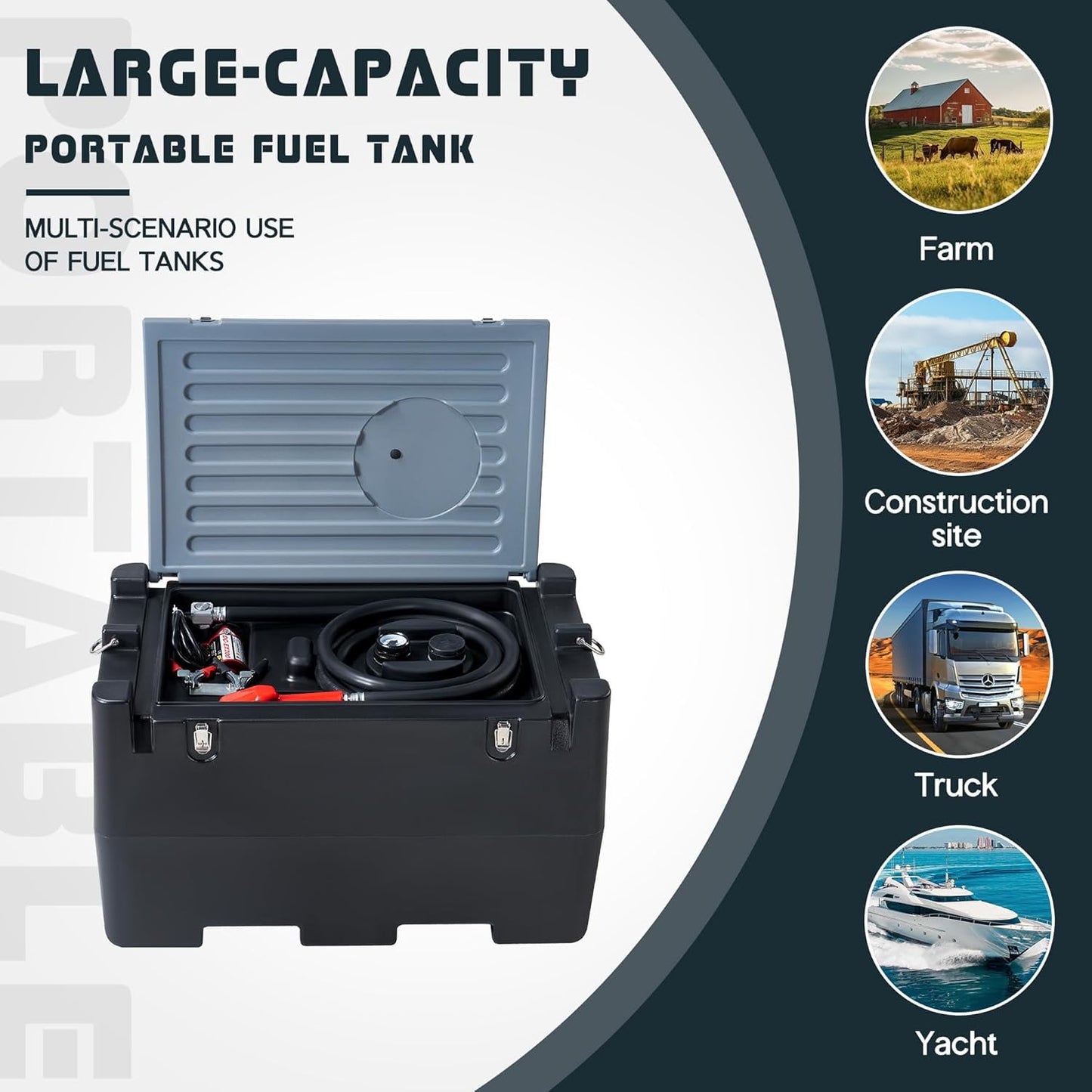 Portable Fuel Tank, 50 Gallon Capacity & 8 GPM Flow Rate, PE fuel transfer tank with 12V Electric Transfer Pump and 13.1ft Rubber Hose, Black