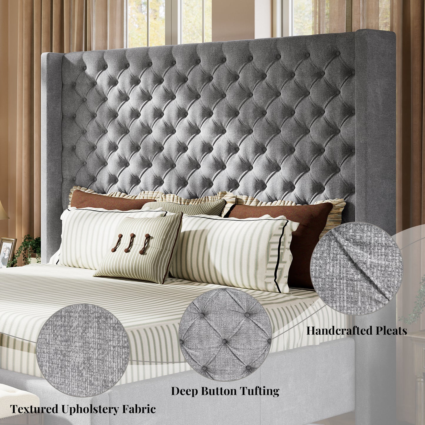 Jocisland Bed Frame with Tall Headboard, Upholstered Wingback Platform Design, Handcrafted Pleats & Deep Button Tufted, Solid Wood Legs, No Box Spring Needed
