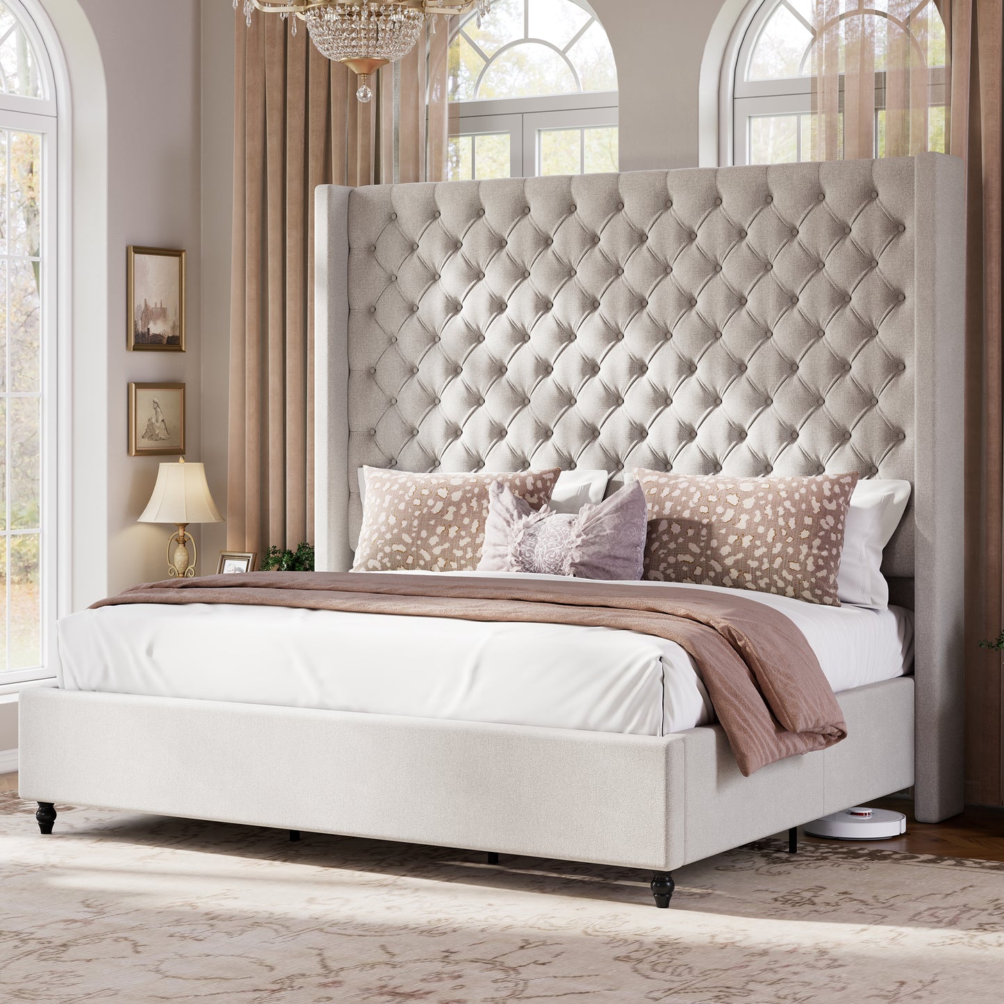 Jocisland Bed Frame with Tall Headboard, Upholstered Wingback Platform Design, Handcrafted Pleats & Deep Button Tufted, Solid Wood Legs, No Box Spring Needed