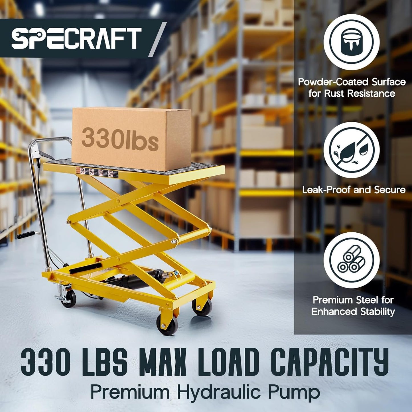 Jocisland Hydraulic Lift Table Cart, 330lbs Capacity 50" Lifting Height, Double Scissor Lift Table with 4 Wheels and Non-Slip Pad, hydraulic lift table for Material Handling, Yellow