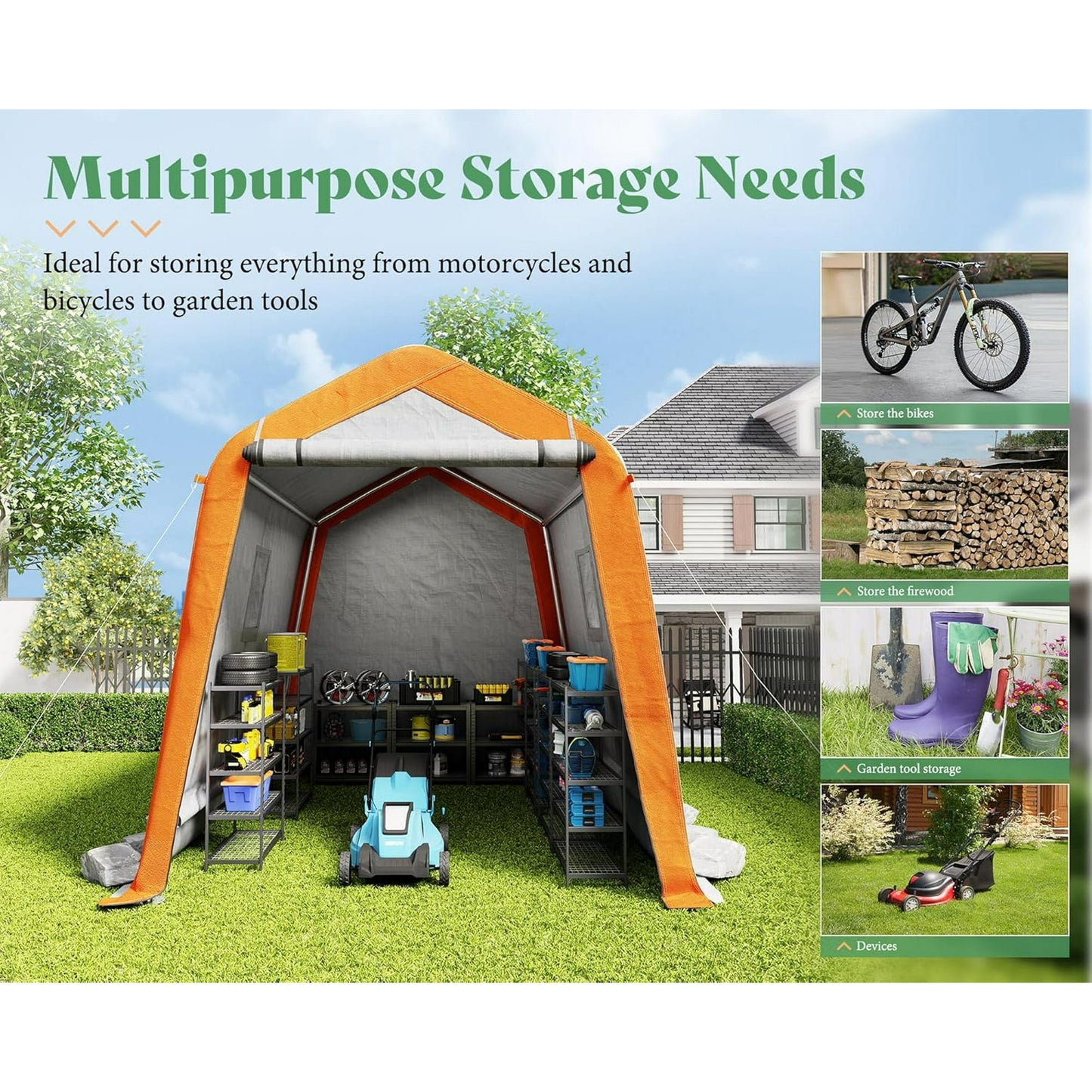 Jocisland 6x8x6.6 ft Heavy Duty Portable Shed Storage Shelter, Outdoor Storage Shed with Roll-up Zipper Door & 2 Waterproof Windows, Carport for Motorcycle, Bike, Grey