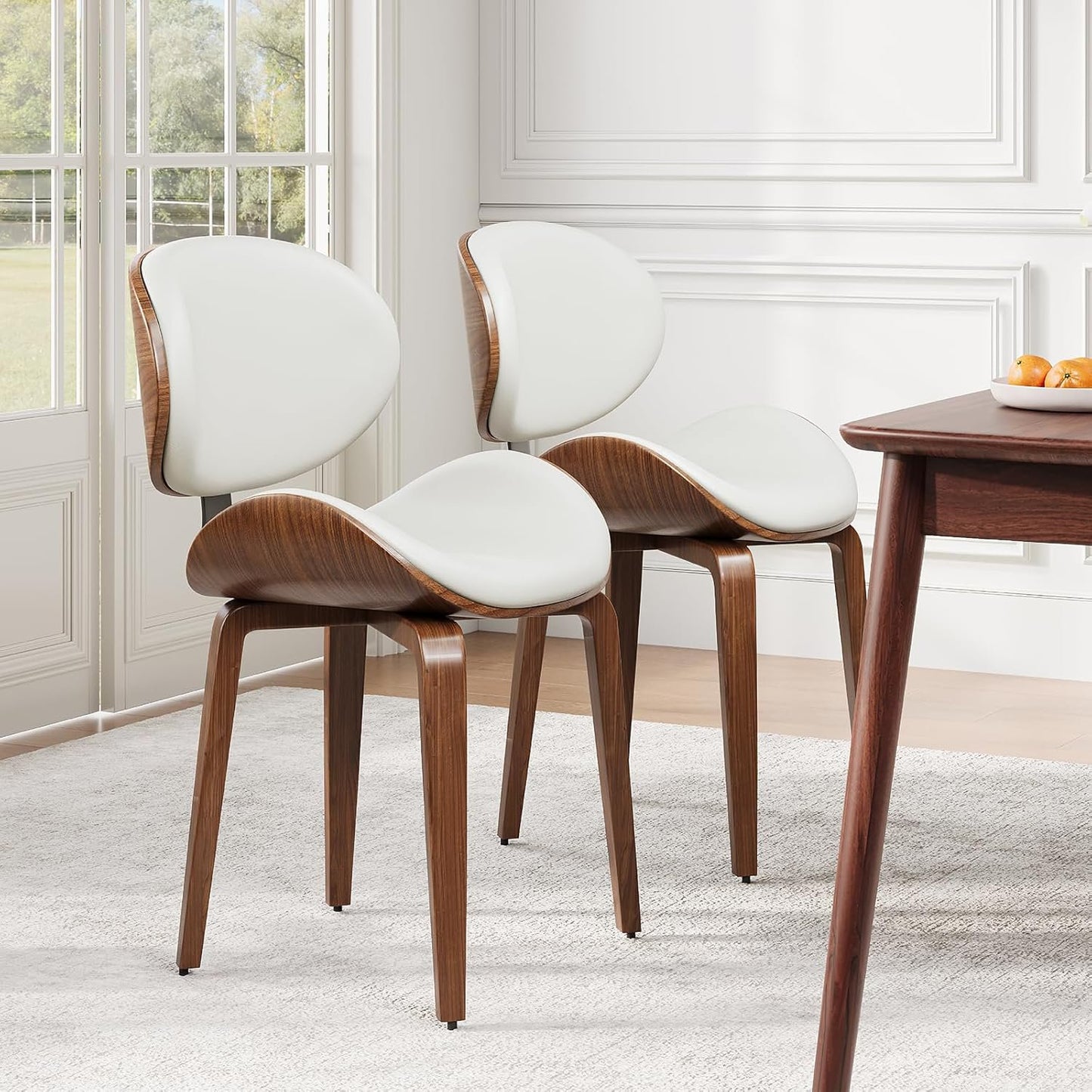 LUXOAK Faux Leather Dining Chairs set of 2, Mid Century Modern Chair with Walnut Bentwood, Dining Room Chairs with Curved Upholstered Seat, Adjustable Foots for Kitchen Dining Room Chairs