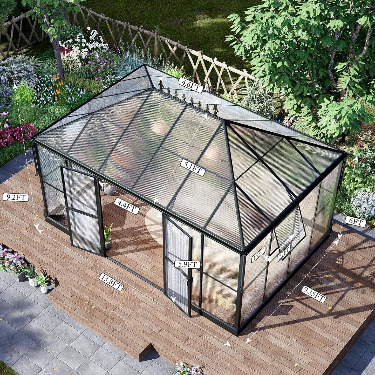 Jocisland 14x9.5x9 FT Polycarbonate Greenhouse Double Swing Doors 2 Vents 6FT Added Wall Height, Walk-in Large Winter Greenhouse Sunroom Aluminum Greenhouse for Outdoors, Black