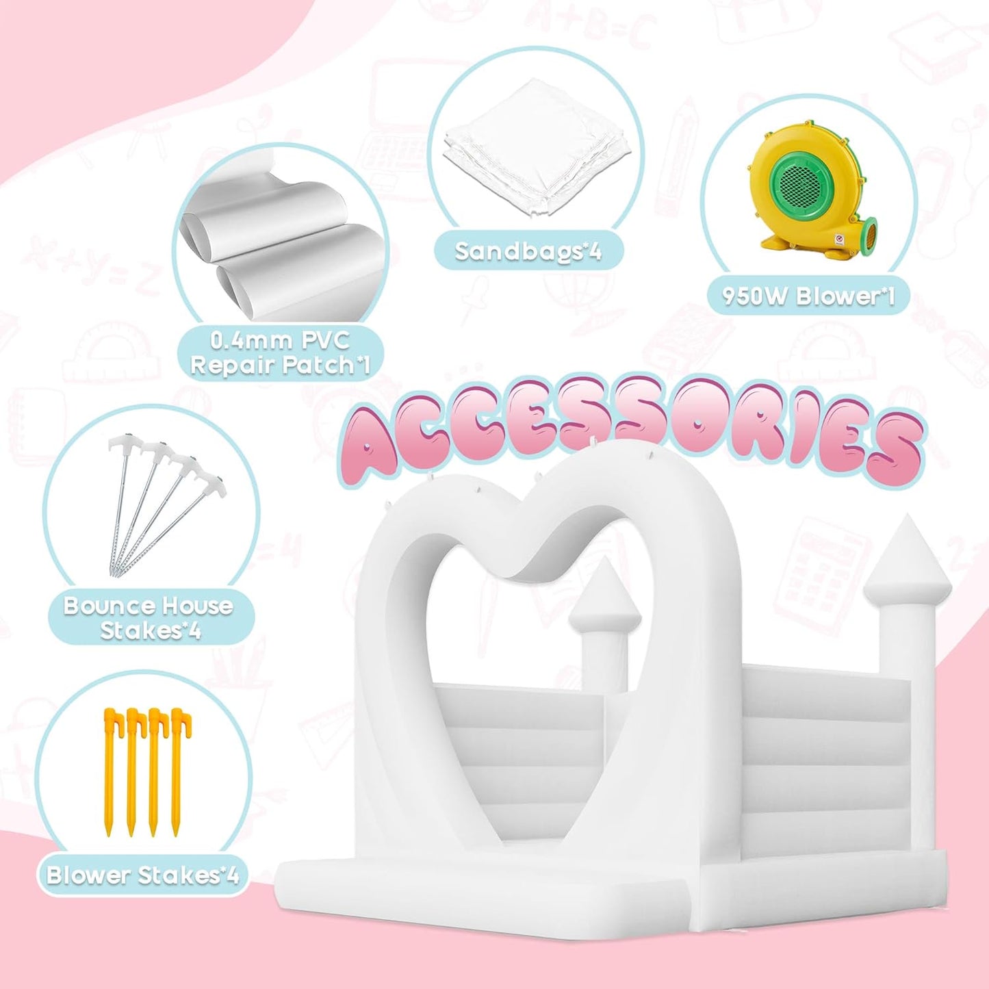 Jocisland Inflatable White Bounce House, 13.1×13.1×9.8FT PVC Inflatable White Castle with 950W Blower, for Wedding and Party Decorations