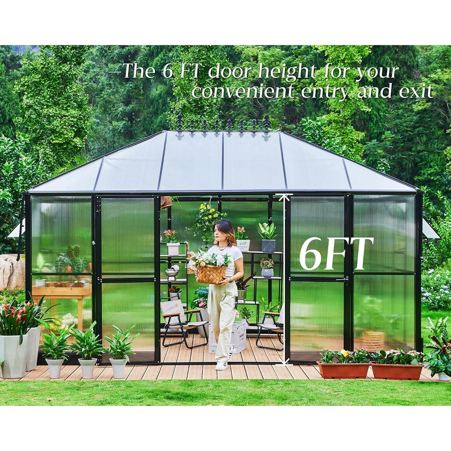 Jocisland 14x9.5x9 ft Polycarbonate Greenhouse Quick Connect Fittings, 6 FT Height Double Doors with Hook, Black