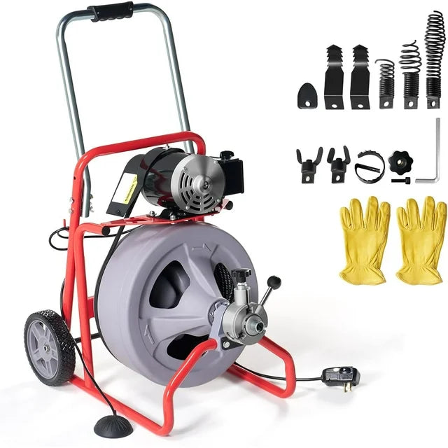 Jocisland Drain Cleaner Machine 75 FT x 3/8 inch, Auto Feed Electric Drain Snake with 9 Cutters & Air-activated Foot Switch for 1 to 4 Inch Pipes, Sewer Snake Auger, Grey/Red