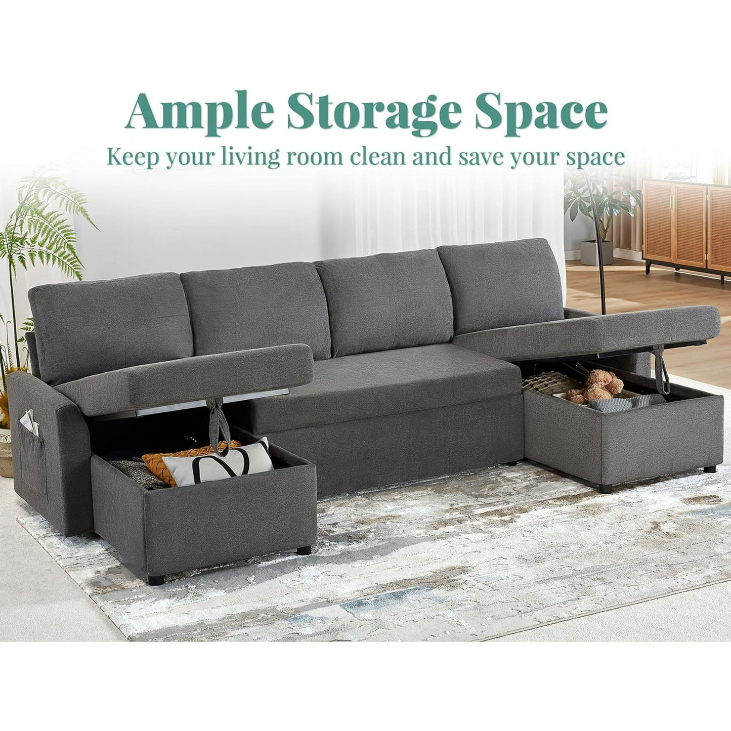 Sleeper Sofa, 110 inch Oversize Sofa Bed with 2 Storage Chaise for Living Room, Grey Chenille