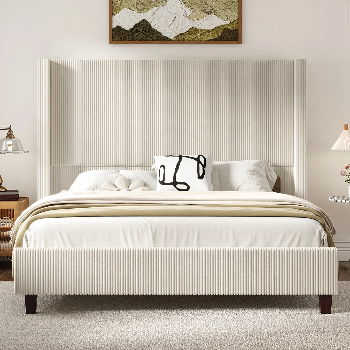 Queen Size 61" Corduroy Upholstered Bed Frame with Vertical Stripe Wingback Headboard/Cream