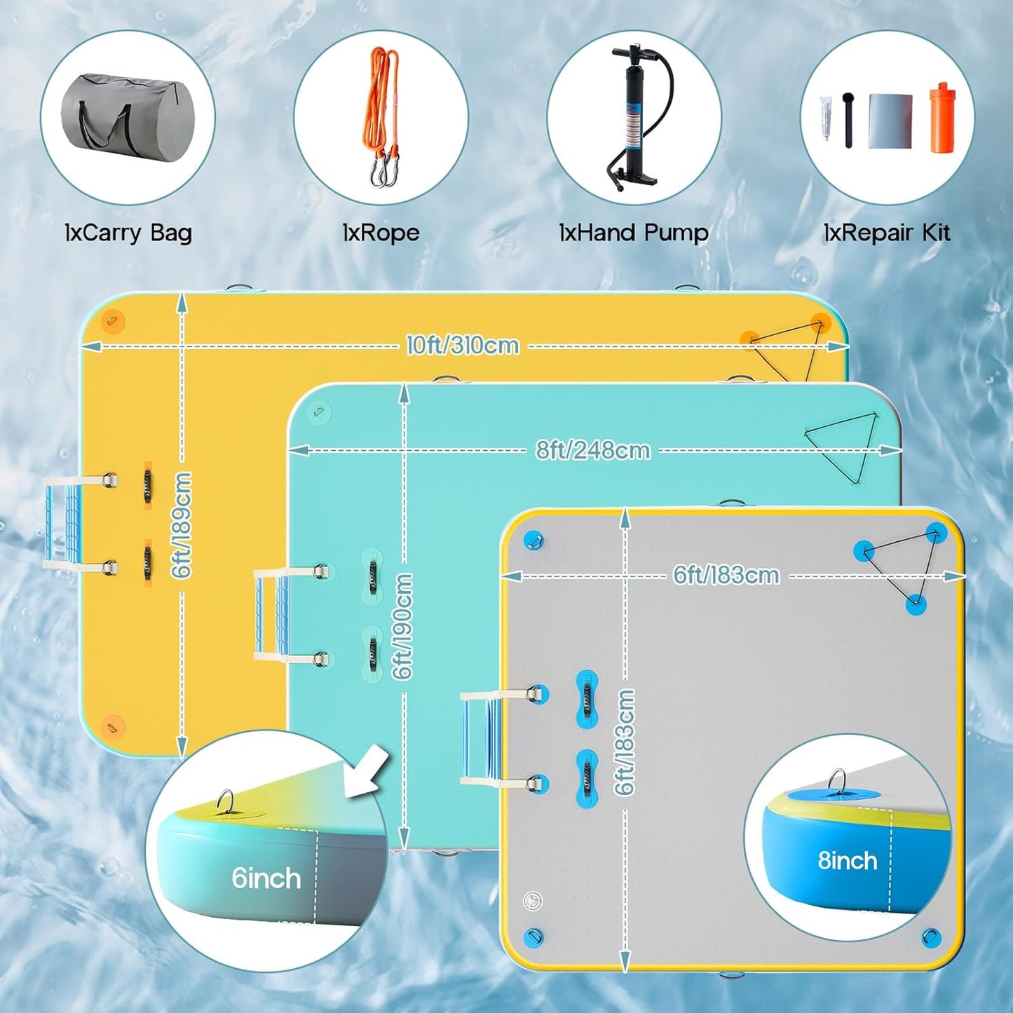 Jocisland 6x6 ft Inflatable Floating Dock with Non-Slip Surface, Detachable Ladder, Multi-Person Swim Platform for Pool, Beach, Ocean, Gray+Blue