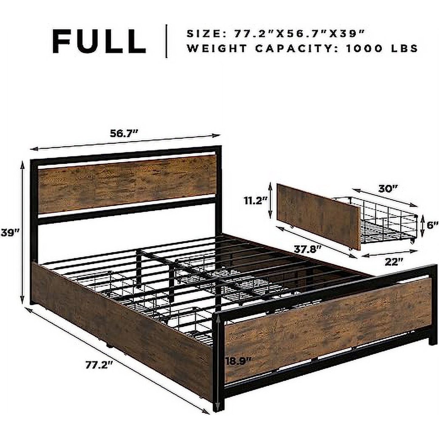 Queen Bed Frame with 4 XL Storage Drawers, Storage Platform Bed with Wooden Headboard & Footboard, No Box Spring Needed