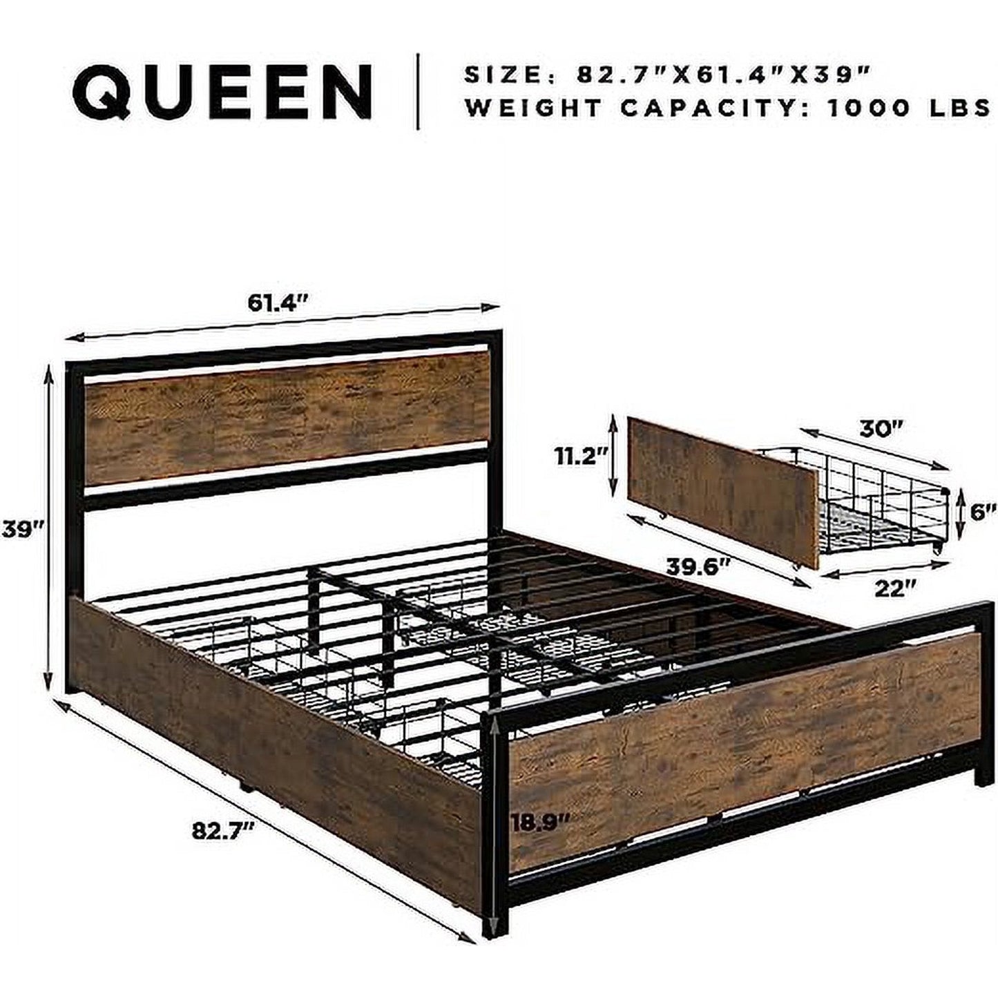 Queen Bed Frame with 4 XL Storage Drawers, Storage Platform Bed with Wooden Headboard & Footboard, No Box Spring Needed