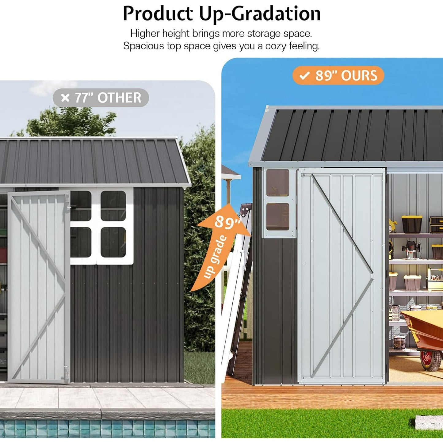 Jocisland 8.5x7.1x7.5 FT Galvanized Steel Outdoor Storage Shed, 4 Vents and Lockable Double Hinged Doors, Metal Shed for Backyard Storage, Dark Black/White