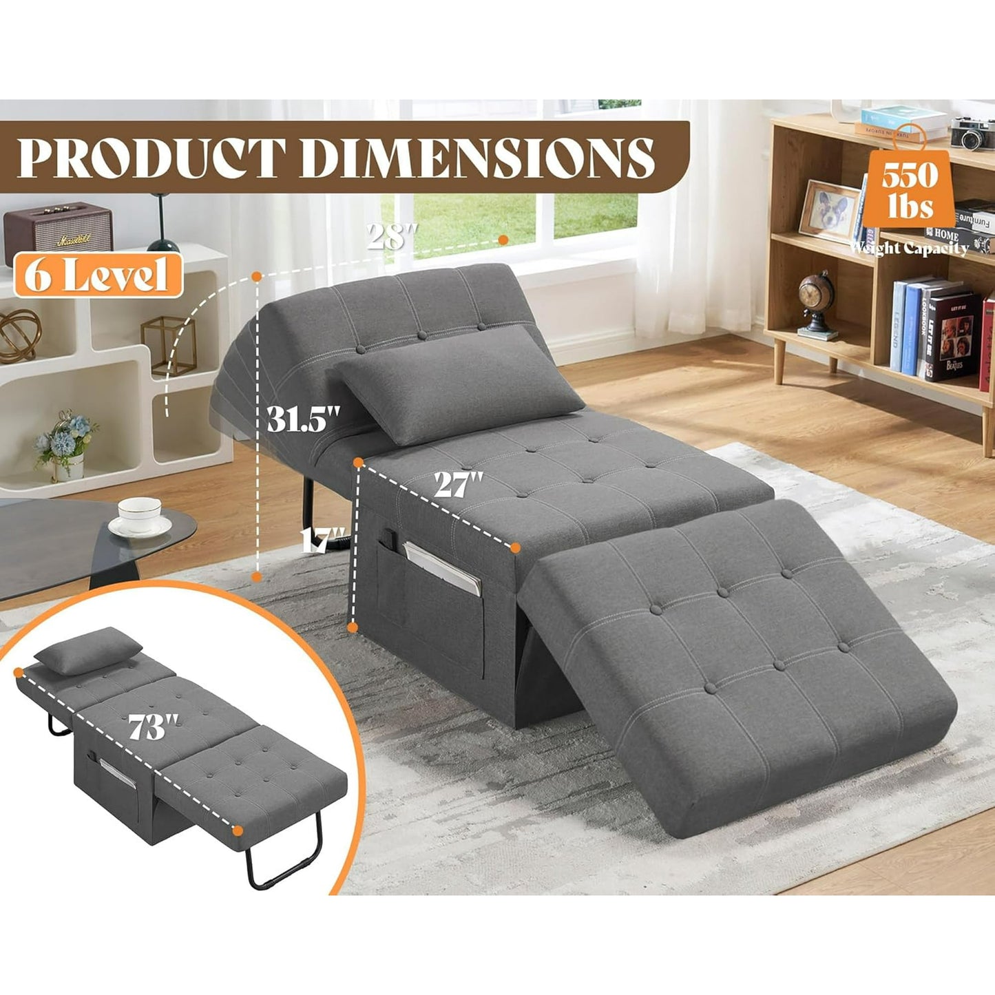 Sofa Bed, 4 in 1 Folding Bed with Adjustable Backrest, Convertible Sofa Bed- Sleeper Chair for Living Room, Apartment, Light Grey Linen Couch