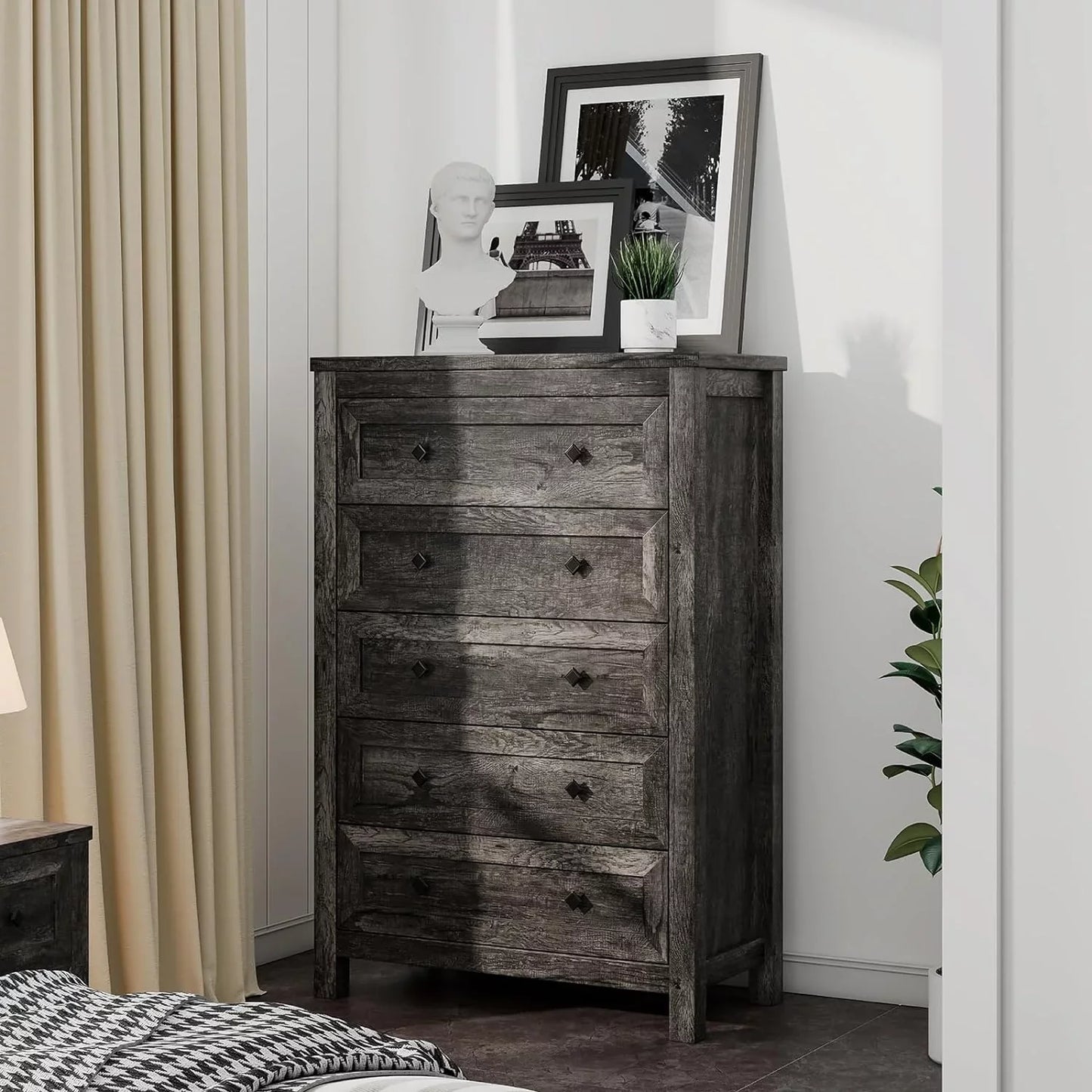 Farmhouse 5 Drawers Dresser, Wood Chest of Drawers for Bedroom, Living Room, Washed Ash