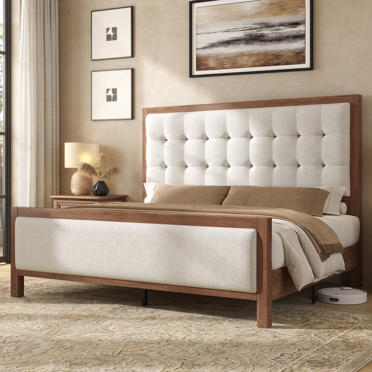 Jocisland Solid Wood Bed Frame 50" Tall Headboard&Footboard | Linen Upholstered Headboard，Mid-Century Modern Style，Noise-Free Sleep，No Box Spring Needed，Easy Assembly 45mins