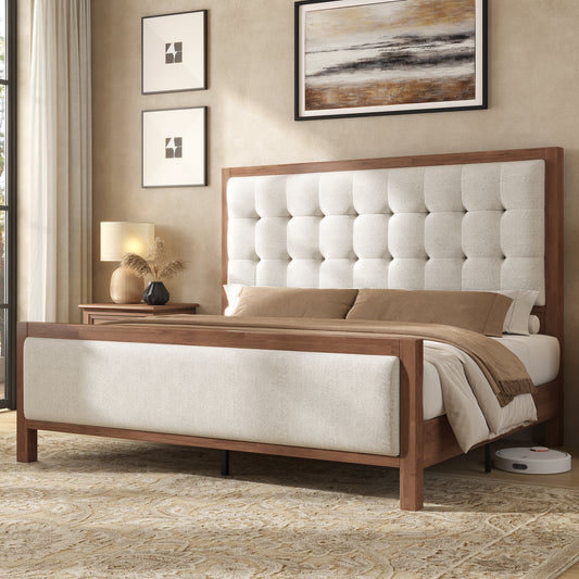 Jocisland Solid Wood Bed Frame 50" Tall Headboard&Footboard | Linen Upholstered Headboard，Mid-Century Modern Style，Noise-Free Sleep，No Box Spring Needed，Easy Assembly 45mins