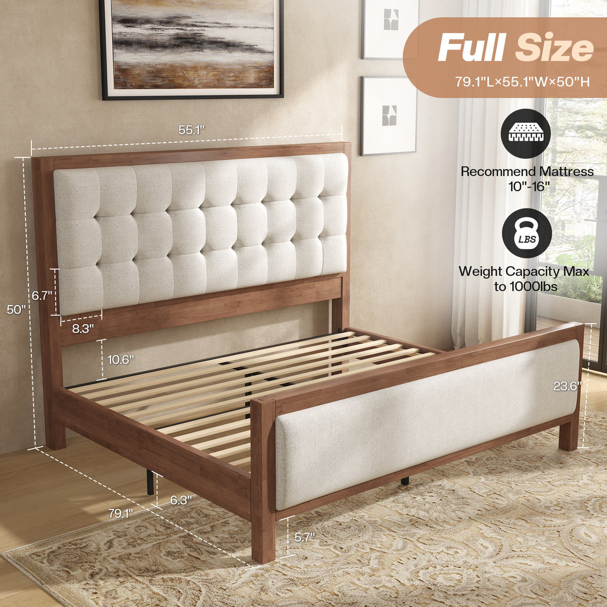 Jocisland Solid Wood Bed Frame 50" Tall Headboard&Footboard | Linen Upholstered Headboard，Mid-Century Modern Style，Noise-Free Sleep，No Box Spring Needed，Easy Assembly 45mins