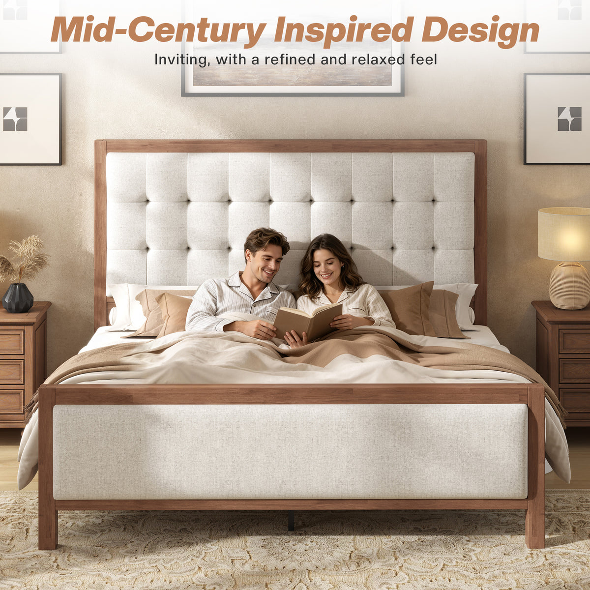 Jocisland Solid Wood Bed Frame 50" Tall Headboard&Footboard | Linen Upholstered Headboard，Mid-Century Modern Style，Noise-Free Sleep，No Box Spring Needed，Easy Assembly 45mins
