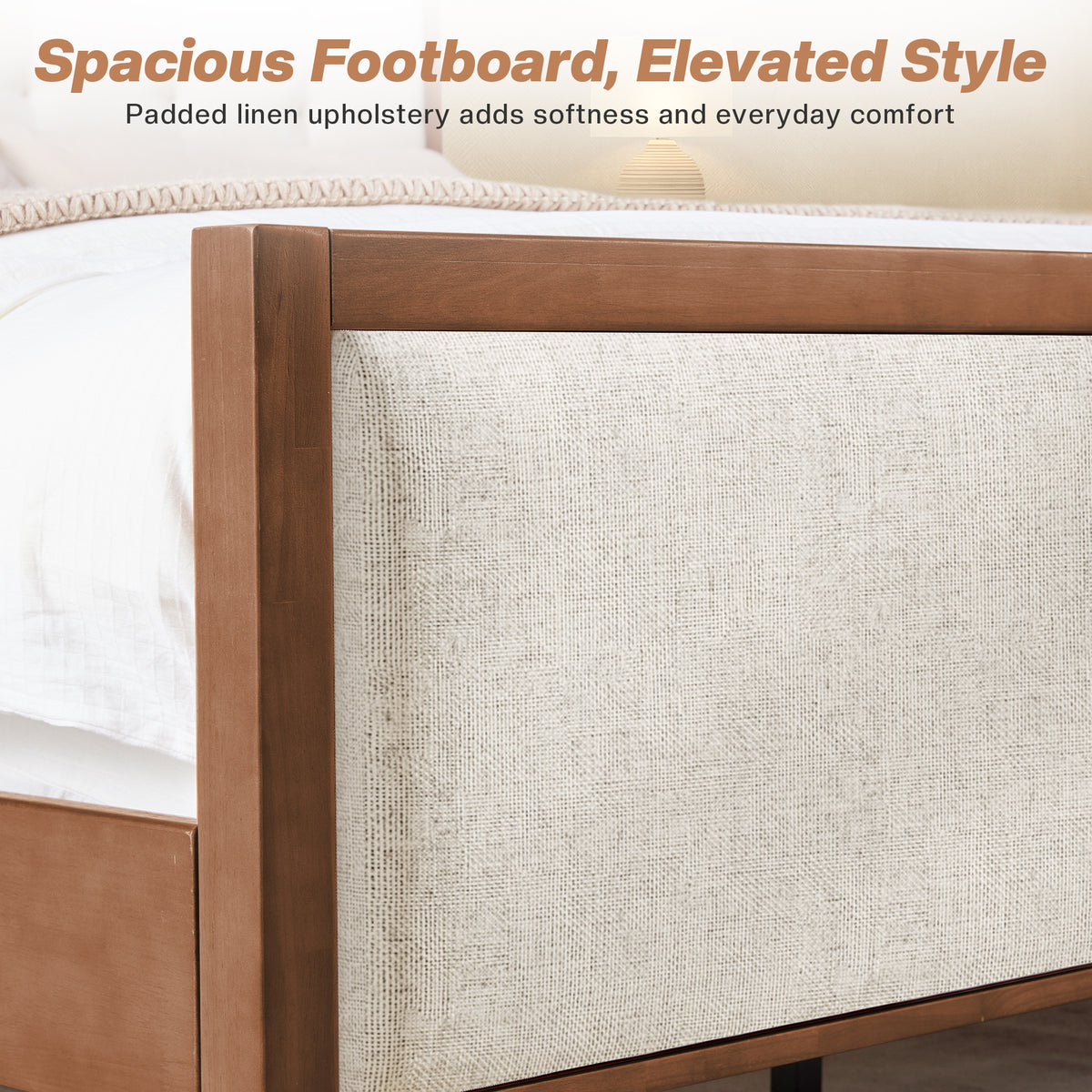 Jocisland Solid Wood Bed Frame 50" Tall Headboard&Footboard | Linen Upholstered Headboard，Mid-Century Modern Style，Noise-Free Sleep，No Box Spring Needed，Easy Assembly 45mins