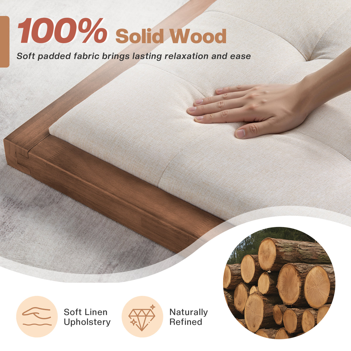 Jocisland Solid Wood Bed Frame 50" Tall Headboard&Footboard | Linen Upholstered Headboard，Mid-Century Modern Style，Noise-Free Sleep，No Box Spring Needed，Easy Assembly 45mins