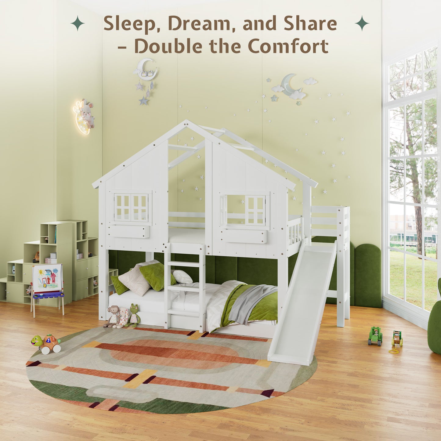 Jocisland House Bunk Bed with Slide and Ladder, Solid Wood Frame, Window Box Shelf, 14" Guardrail, Underbed Area for Mattress or Play