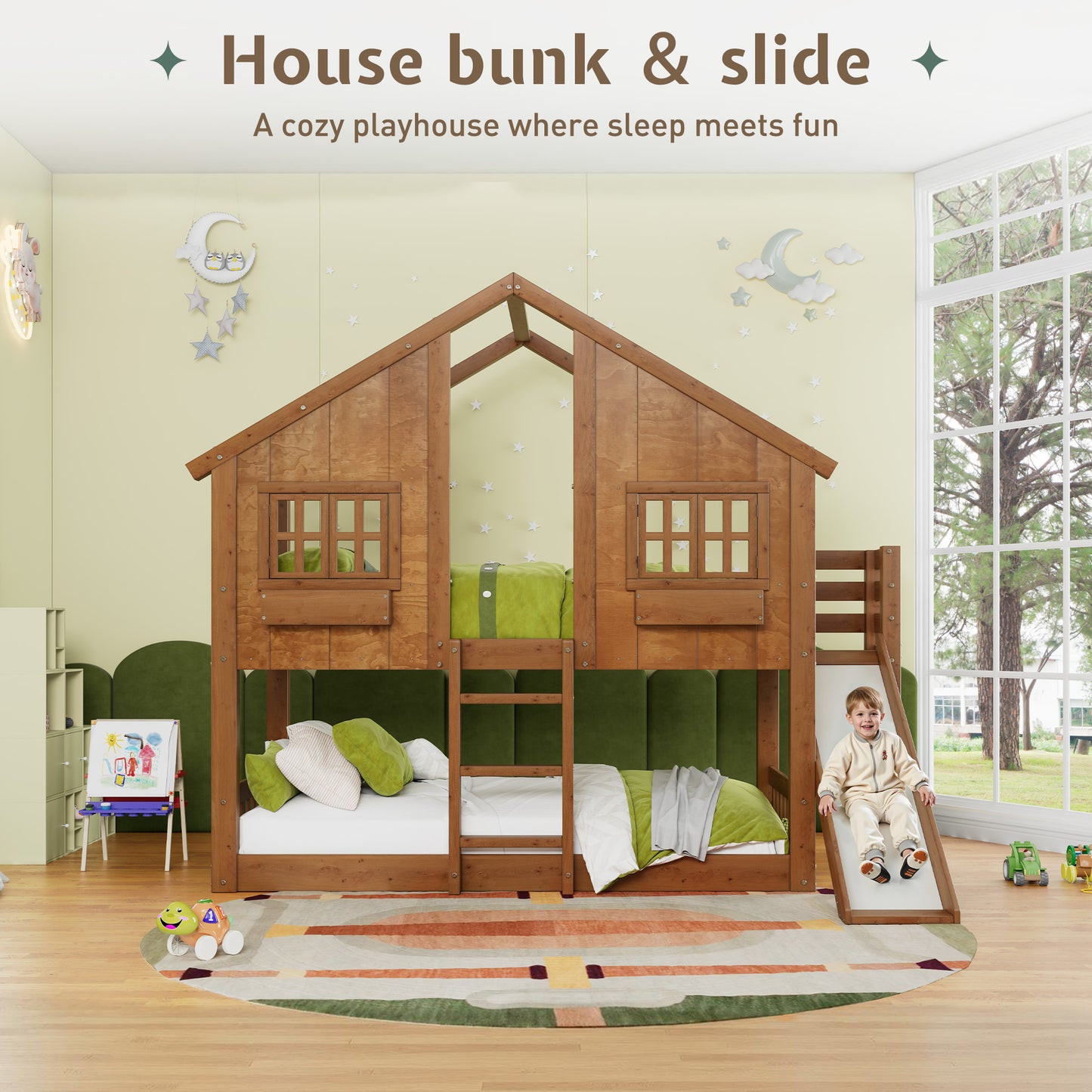 Jocisland House Bunk Bed with Slide and Ladder, Solid Wood Frame, Window Box Shelf, 14" Guardrail, Underbed Area for Mattress or Play