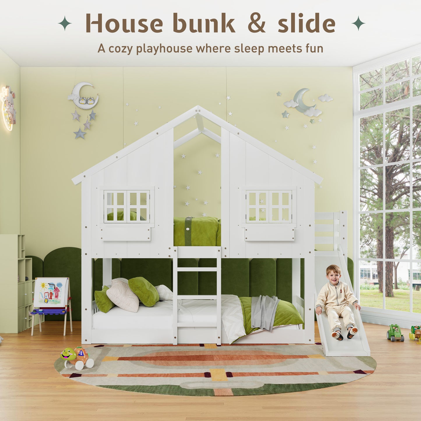 Jocisland House Bunk Bed with Slide and Ladder, Solid Wood Frame, Window Box Shelf, 14" Guardrail, Underbed Area for Mattress or Play