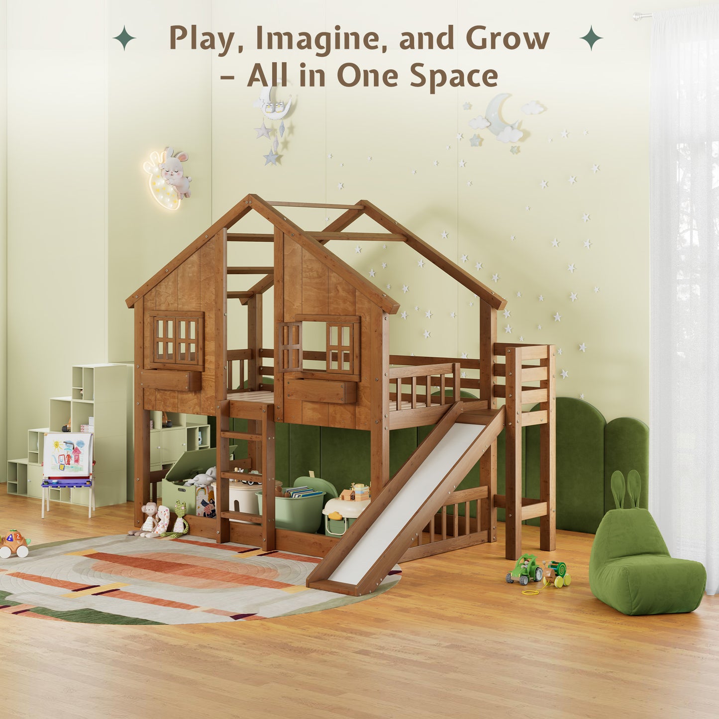 Jocisland House Bunk Bed with Slide and Ladder, Solid Wood Frame, Window Box Shelf, 14" Guardrail, Underbed Area for Mattress or Play