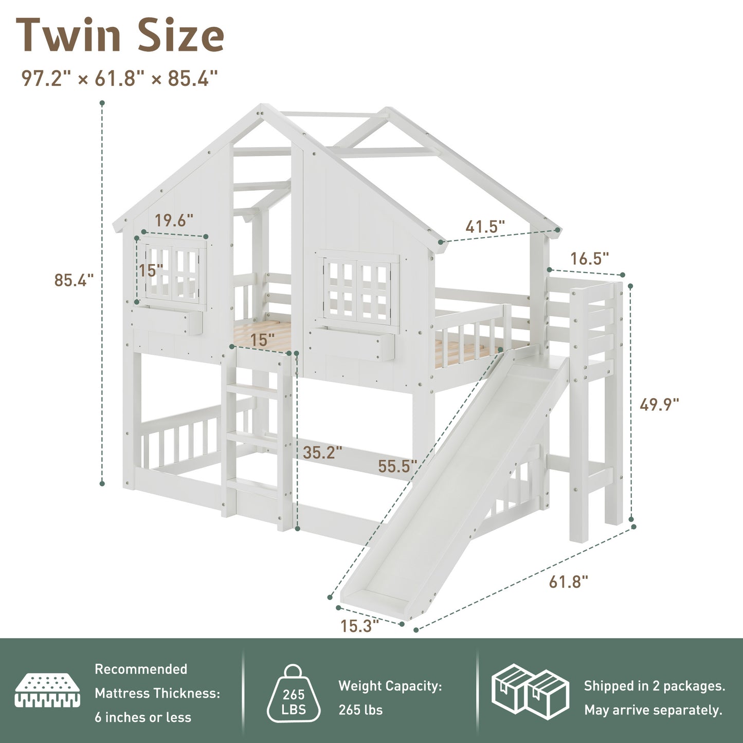Jocisland House Bunk Bed with Slide and Ladder, Solid Wood Frame, Window Box Shelf, 14" Guardrail, Underbed Area for Mattress or Play