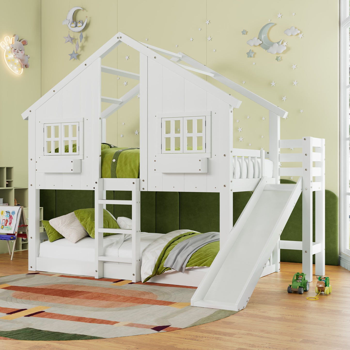 Jocisland House Bunk Bed with Slide and Ladder, Solid Wood Frame, Window Box Shelf, 14" Guardrail, Underbed Area for Mattress or Play