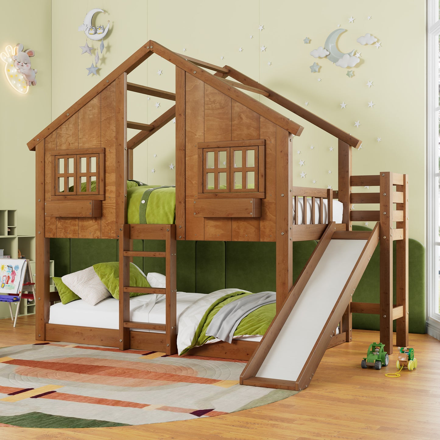 Jocisland House Bunk Bed with Slide and Ladder, Solid Wood Frame, Window Box Shelf, 14" Guardrail, Underbed Area for Mattress or Play